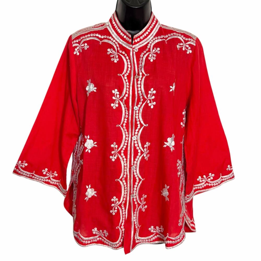 VTG Foyens Of Hawaii Red White Embroidered Tunic Top Ethnic Cotton Philippines L
